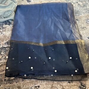 Elegant Navy Blue and Gold Women's Scarf with Pearl Accent NWOT